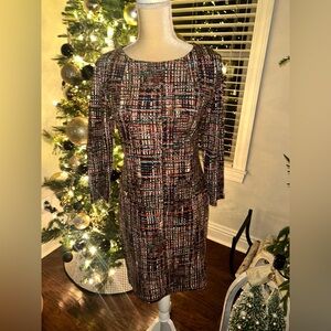 NWT Jude Connally Sabine Printed Ponte Modern Tweed Navy Dress Sz XS